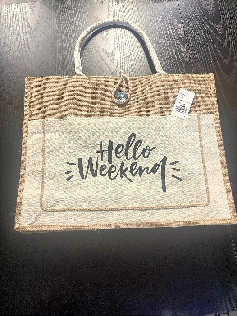Fame Hello Weekend Burlap Tote Bag Beige & White